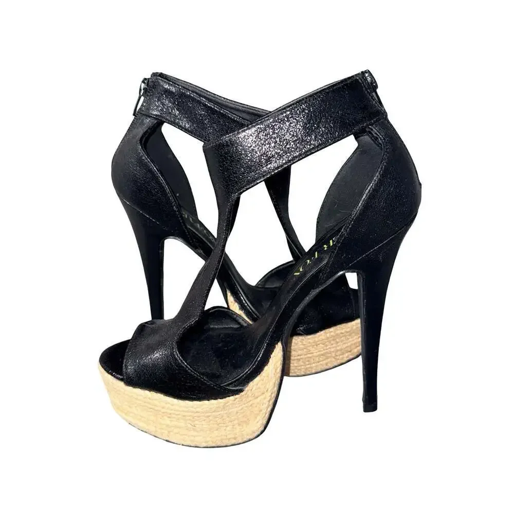 Paper Fox Shaya Black T-Strap Espadrille Platform Heels size 7.5